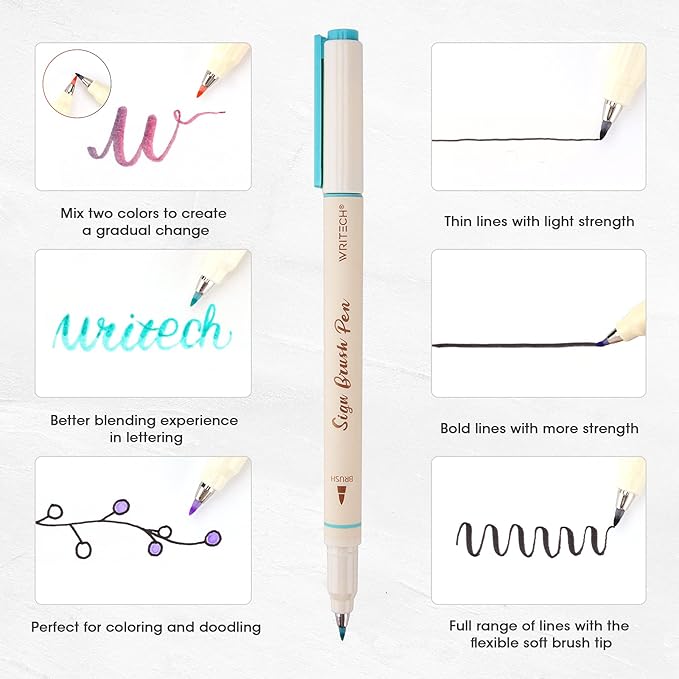 WRITECH Arts Sign Brush Pen Brush Tip Marker Felt Tip Water Based Ink Color Pens 12 Assorted Pastel Colors Great for Lettering, Journaling, Calligraphy (Natural)-DeskLoop Office