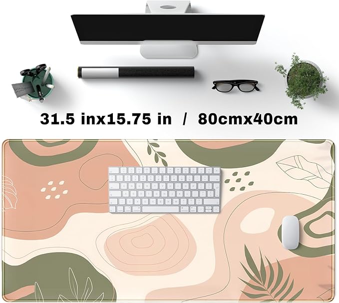 Boho Green Cream Desk Mat Boho Kawaii Green Mouse Pad Cute Desk Mat, Large Aesthetic Mouse Pad XL Desk Decor for Women with Stitched Edge Mouse Desk Pad for Keyboard and Mouse Desk Pad, 31.5x15.8in.-DeskLoop Office