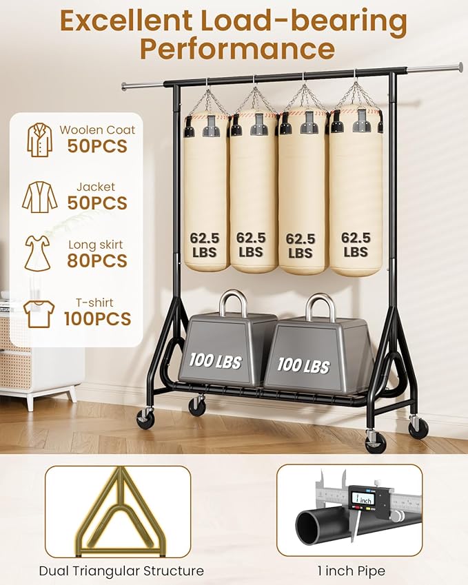 Heavy Duty Clothes Rack, Metal Clothing Rack Load 450 LBS, Rolling Coat Racks for Hanging Clothes with Lockable Wheels, Wardrobe Closet Garment Racks for Bedroom, Black-DeskLoop Office