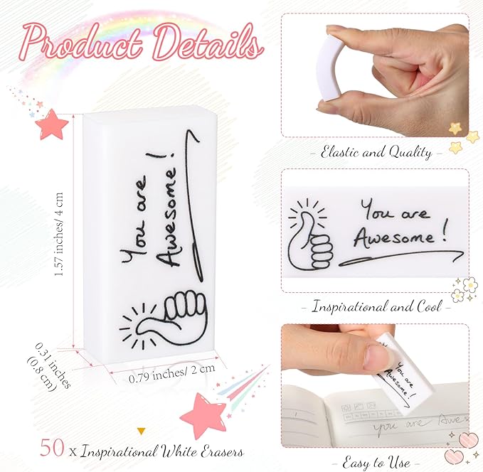 Fuutreo 50 Pcs Welcome Back to School Gifts for Students Inspirational Pencil Erasers Bulk You are Awesome White Cute Fun Erasers First Day of School Gifts Classroom Prizes from Teachers-DeskLoop Office