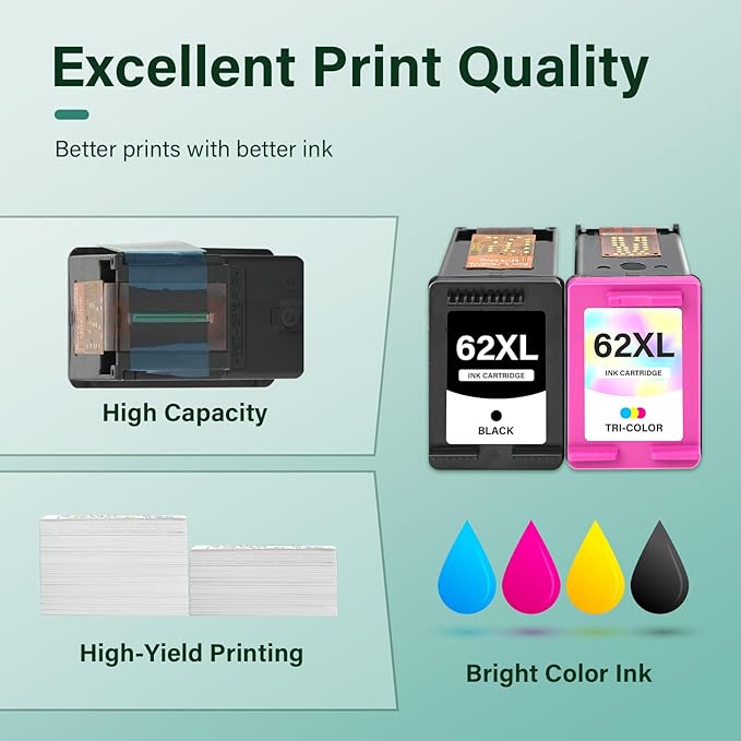 62XL 62 Ink Cartridges Black and Color Combo Pack Remanufactured Replacement for HP 62XL 62 Ink Envy 7640 5660 5540 7645 5740 5746 OfficeJet 250 200 Printer,Black,Tri-Color,2-Pack-DeskLoop Office
