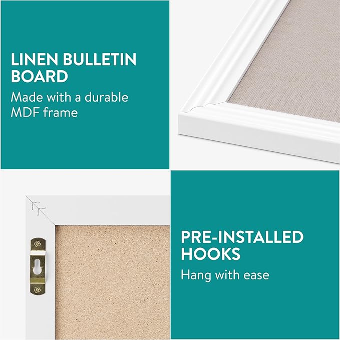 Navaris Framed Linen Bulletin Board - Approx. 58 x 43cm Fabric Jewelry Organizer Pinboard for Wall Memory Memo Pin Board - Natural Linen with White Frame-DeskLoop Office