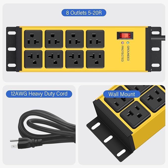 CCCEI 2PCS Heavy Duty Power Strip Surge Protector 20 AMP, 8 Outlets 12 Gauge Shop Garage Metal Multiple Outlets, 4 FT Extension Cord 5-15P Adapter High Amp 6-20R T-Slot 20a for Appliance Yellow.-DeskLoop Office