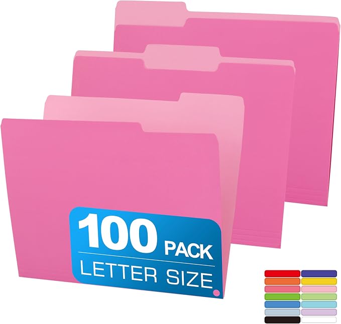 Two Tone Color File Folder 8.5 x 11 Inch, 100 Packs Pink File Folders, 1/3 Cut by Unknown