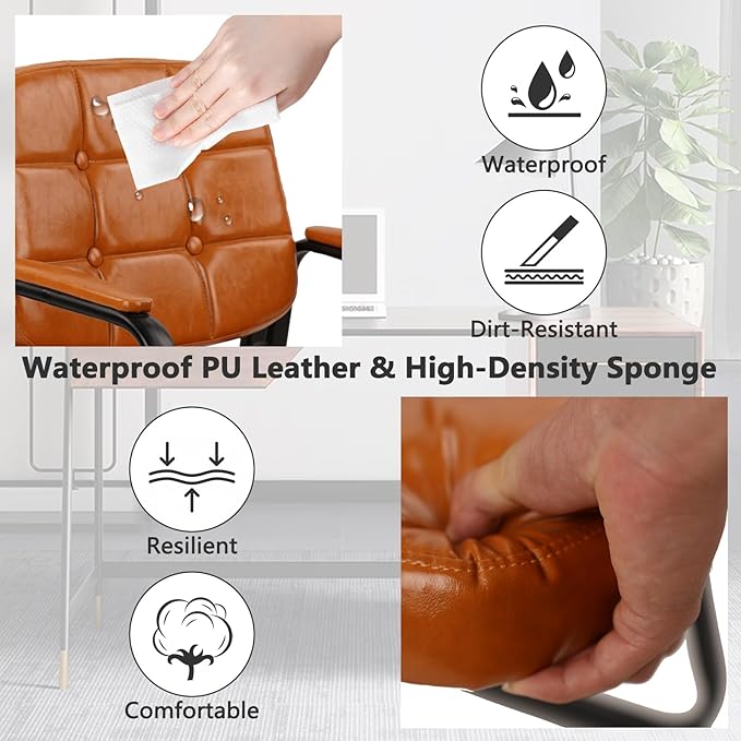 CLATINA Office Guest Chair, Leather Reception Chairs with Padded Arms, Desk Chair No Wheels Stationary for Conference Lobby Waiting Room Training Side Elderly, Orange-DeskLoop Office