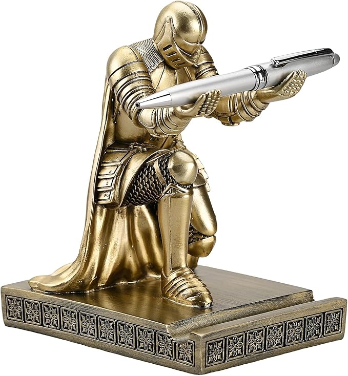 Windbreaker Soldier Knight Pen Holder Personalized Desk Accessory, Mobile Phone & Gaming Controller Holder, Device Stand Gift for Medieval Enthusiasts (Bronze)-DeskLoop Office