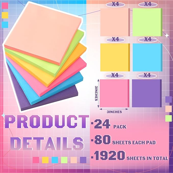 Kajaia 24 Pads Full Adhesive Sticky Notes Colorful Sticky Notes Adhesive Memo Self Stick Pads Easy to Post for Office Home School Meetings Supplies 6 Pastel Colors 80 Sheets/pad(3x3 Inches)-DeskLoop Office