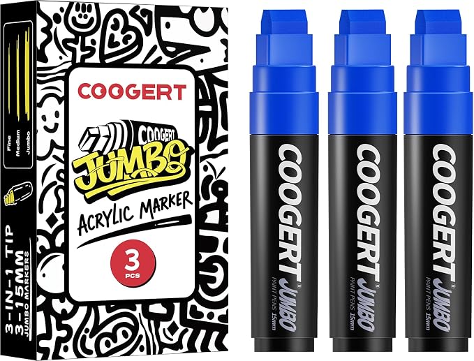 Coogert 3Pcs Blue Jumbo Poster Markers, 15MM Thick Permanent Acrylic Graffiti by CoogertPaintPens
