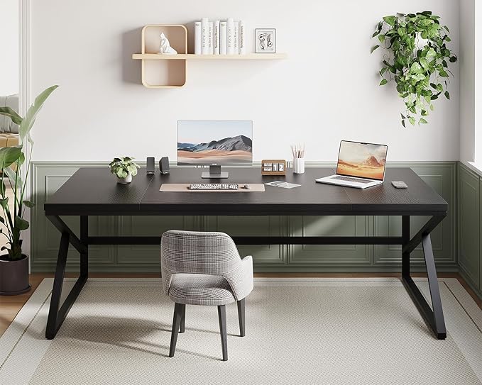 HSH Extra Long Black Computer Desk, 78 inch Large Home Office 2 person Desk, Industrial Metal Wood double Desk for Executive Work Writing Study, Modern Black Bedroom Living Room PC Laptop Gaming Table-DeskLoop Office