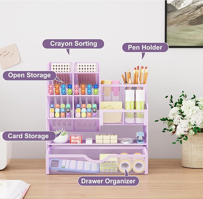 Marbrasse Mesh Pen Holder for Desk, Multi-Functional Pencil Organizer with Drawer, Desk Organizers and Accessories for Office Art Supplies (Purple)-DeskLoop Office