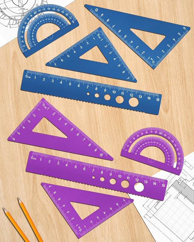 Honagu Triangular Ruler Set, 8 Pieces/2 Sets Aluminum Alloy Ruler, Metal Drafting Ruler, Geometric Protractor for Students, Draftsmen, Engineers, School Office Supplies (Blue+Purple)-DeskLoop Office