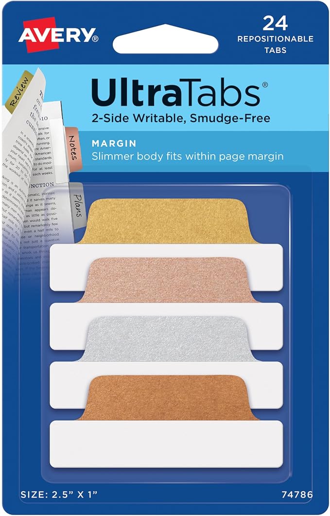 Avery Margin Ultra Tabs, 2.5" x 1", 2-Side Writable, 24 Repositionable Page Tabs by Avery