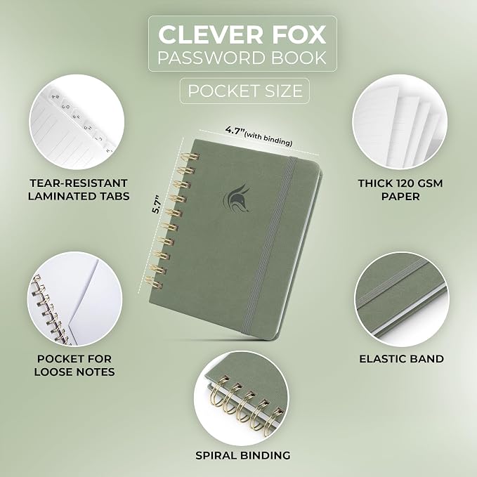 Clever Fox Password Book Spiral – Mini Internet Address & Password Organizer - Image 2