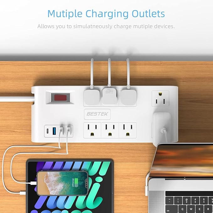 BESTEK 8 AC Outlet, 5 Feet Extension Cord Power Strip with 3 USB-A 2.4A 1USB-C 3A, MAX Output 1625W 13A, 600Joule, Ultra-Compact Wide Spaced Outlet for Large Plug-DeskLoop Office