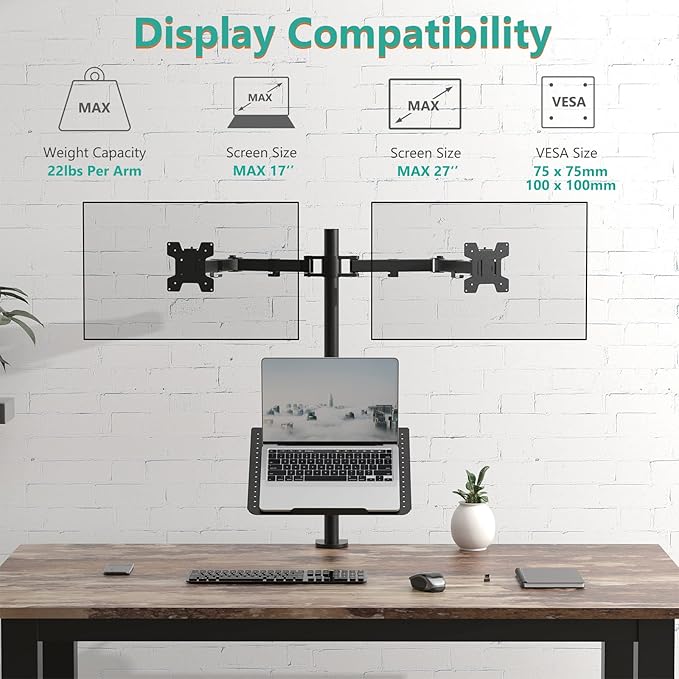 WALI Dual Monitor Stand, Laptop and Monitor Stand for 2 Screen 1 Laptop Notebook, Extra Tall Desk Mount for Monitor up to 27 inch, Notebook up to 17 inch (M002XLLP), Black-DeskLoop Office