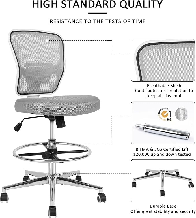 Drafting Chair, Tall Office Chair for Standing Desk, Drafting Stool with Lumbar Support, Adjustable Height and Foot Ring, Grey-DeskLoop Office