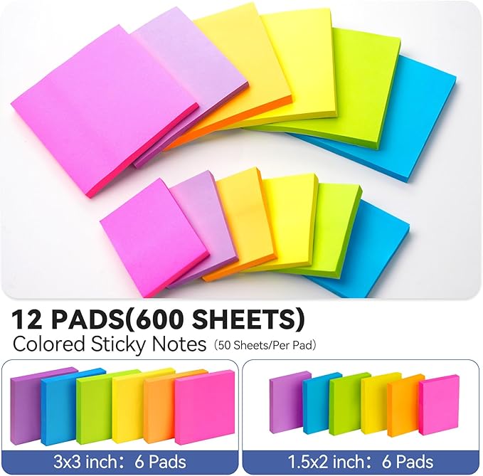 (12 Pack) Sticky Notes 3x3 + 1.5x2 in Small Sticky Note, Self-Sticky Note Pads | Sticks Strong & Removes Clean | Recycled Paper Cute Sticky Notes to School Supplies, Office Products, 6 Colors-DeskLoop Office