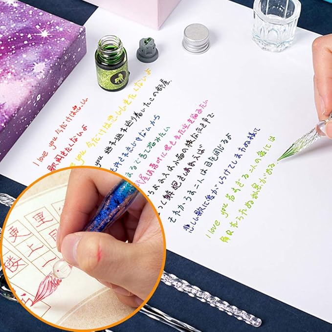 AXEARTE Glass Dip Calligraphy Pen Set, 18-Pieces 14 Color Inks, Pen Holder, Cleaning Cup, 2 Crystal Glass Pens for Art, Writing, Drawing, Signatures, Gift for Kids and Artist-DeskLoop Office