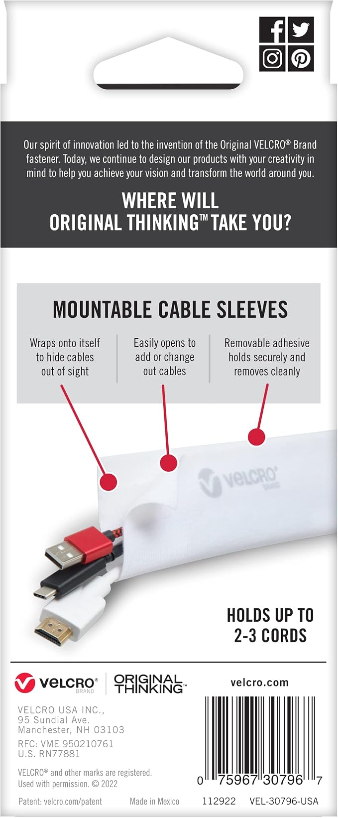 VELCRO Brand Mountable Cable Management Sleeve | Cord Hider Mounts on Walls or - Image 14