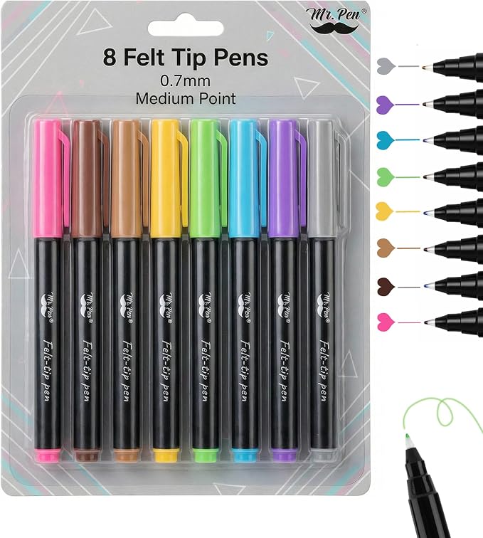 Mr. Pen- Felt Tip Pens, 8 Pack, Fast Dry | Fine Felt Tip Pens by MrPen