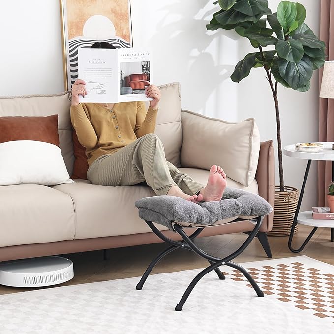 LITA Folding Upholstered Footrest Stool, Modern Small Portable Accent Ottoman with Detachable Thick Cotton Cushion Padded Sofa Stool with Metal Frame for Lazy Chair, Living Room & Bedroom, Plush Grey-DeskLoop Office