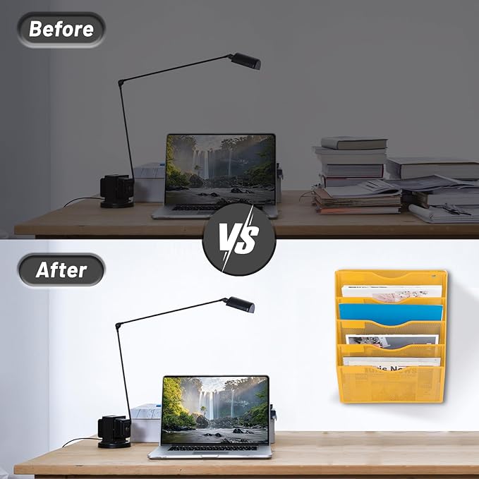 EASEPRES 5 Pocket Mesh Hanging Wall File Organizer, Wall Mounted Mail Paper Document Folder Holder, Clipboard Storage Organization Magazine Rack with Nametag Label for Office Home School, Yellow-DeskLoop Office