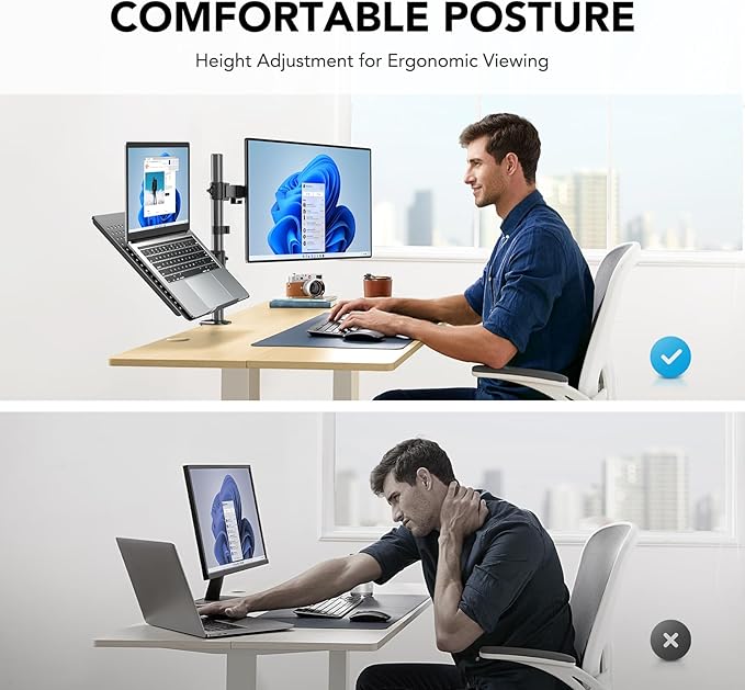 HUANUO Adjustable Monitor Stand, Single Arm Desk Mount for 32 inch Screen and 17 inch Laptop, Heavy Duty Ergonomic Bracket Holds 22lbs-DeskLoop Office