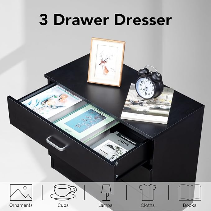 Karl home 3 Drawer Dresser, Modern Storage Chest of Drawers, Wood Bedside Table Night Table for Bedroom,Living Room (Black)-DeskLoop Office