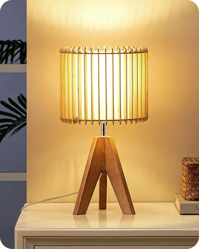 EDISHINE 14.17" Small Table Lamp, Wood Tripod Bedside Lamp, Natural by EDISHINE