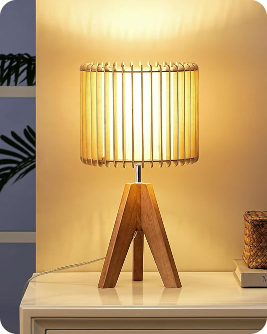 EDISHINE 14.17" Small Table Lamp, Wood Tripod Bedside Lamp, Natural by EDISHINE