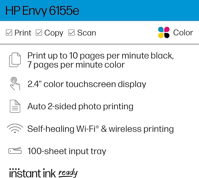 HP Envy 6155e Wireless All-in-One Color Inkjet Printer, Print, scan, Copy, Duplex Printing Best-for-Home, 3 month Instant Ink trial included (714L5A)-DeskLoop Office