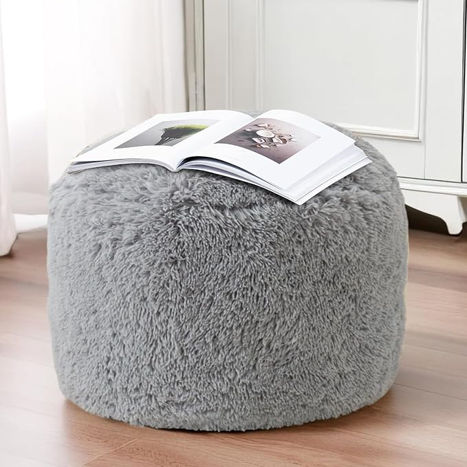 HIGOGOGO Round Stuffed Pouf Ottoman, Long Faux Fur Poufs with Foam Chunk Filling, Fluffy and Furry Pouf Foot Stool Storage Ottoman, 20 X 15 Floor Poufs Foot Rest for Living Room, Grey-DeskLoop Office
