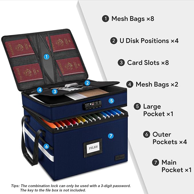 Fireproof Document Box with Lock, 2-Layer File Box Storage Organizer with 5 - Image 2