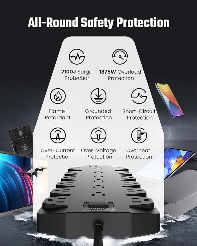 18 Widely Outlets Power Strip, SUPERDANNY Surge Protector with 4 USB Ports, 15FT Flat Plug Heavy Duty Extension Cord, 2100J, 1875W/15A, Wall Mount Holes for Home, Office, Dorm, Black-DeskLoop Office