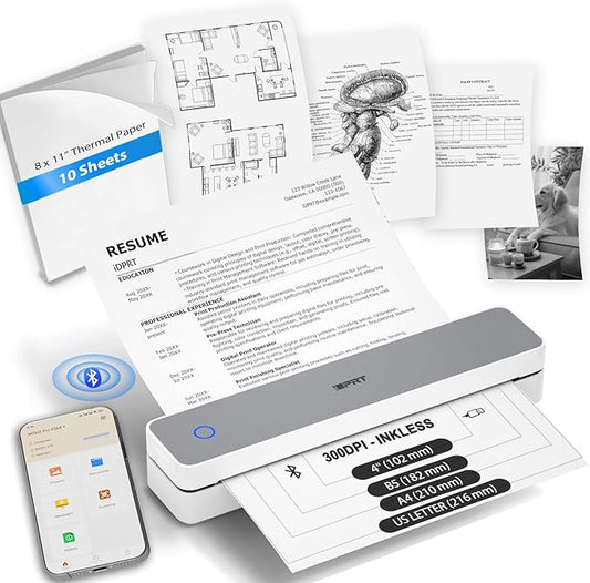 iDPRT Inkless Portable Printer for Travel, 300DPI Wireless Thermal Printer Support 8.5 x 11 Inch US Letter, A4, Small Bluetooth Printers Compatible with iOS, Android Laptop for Office Car Home, Grey-DeskLoop Office