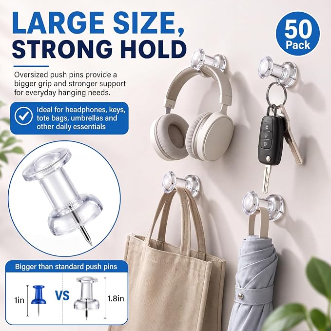 Outus 60 Pcs Giant Push Pins Jumbo Tacks 1/1.8inch Plastic Head - Image 4