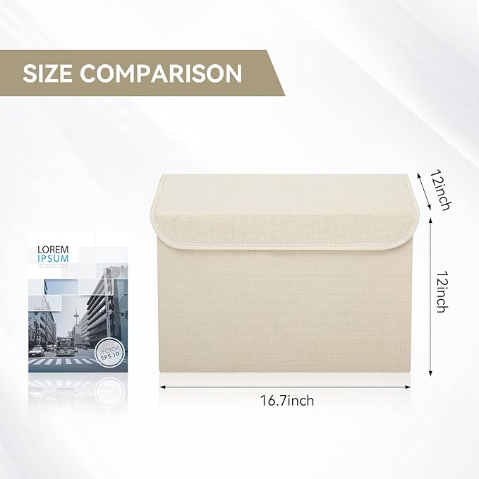 Large 42 Quarts Collapsible Stackable Storage Bins Cube with Lids [3-Pack] Foldable Fabric Linen Storage Boxes, Closet Organizer Baskets with Label for Home (16.7 x 12 x 12", Beige)-DeskLoop Office