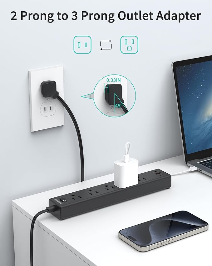 2 Prong Power Strip, 2 to 3 Prong Outlet Adapter with Polarized Plug, 1700J Surge Protector, 6ft Two Prong Extension Cord, 5 AC Outlets & 3 USB(5V 3.4A Max), Wall Mount for Non-Grounded Outlet-DeskLoop Office