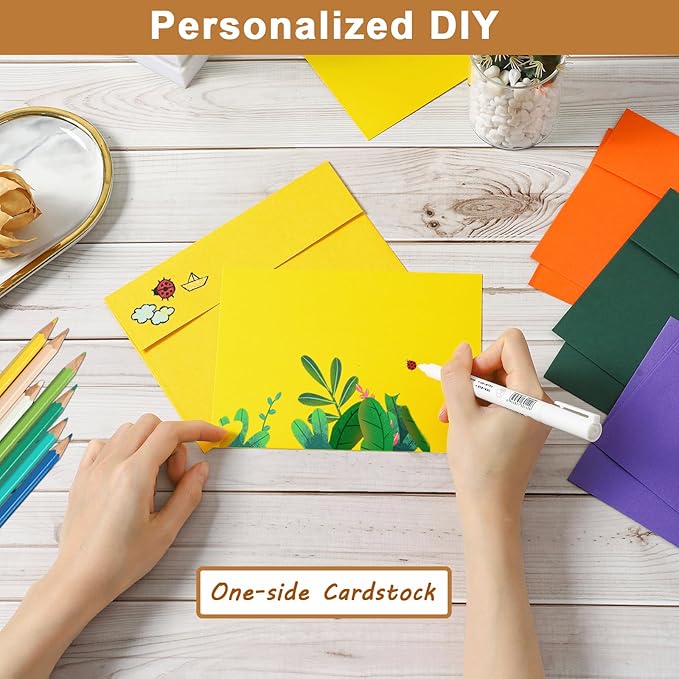 100 Packs 10 Assorted Colors Blank Flat Cards and Envelopes 5 x 7 Heavyweight Single Panel Cardstock and A7 Envelopes Self Seal for DIY Greeting Card, Wedding Invitations, Thank You Cards