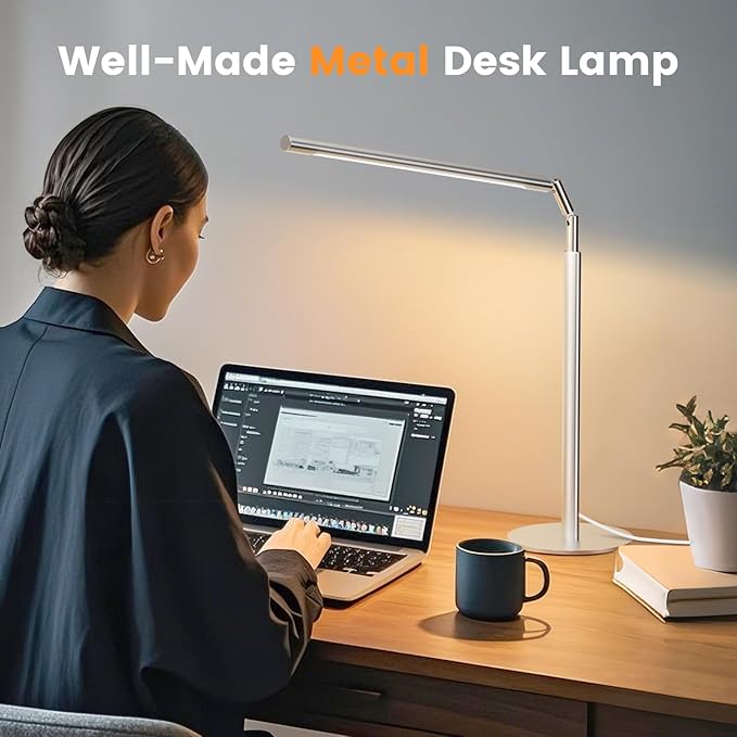Metal Desk Lamp for Home Office - Foldable LED Table Lamp for Reading, 4 Color & 6 Brightness, 15W Dimmable Desk Light with Flexible Arm, Eye-Caring Desktop Lamp for College Dorm, Silver-DeskLoop Office