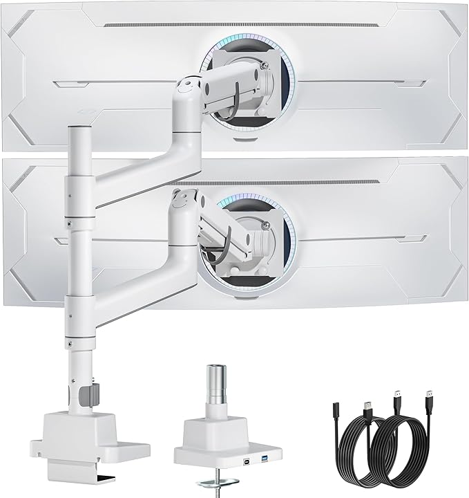 monTEK 17-57 Inch Dual Ultrawide Monitor Arm for Up to 59.4lbs Screen, Aluminum Heavy-Duty Gas Spring Vertical Stackable Curved Screen Adjustable Monitor Stand,75/100mm Vesa Mount, White-DeskLoop Office