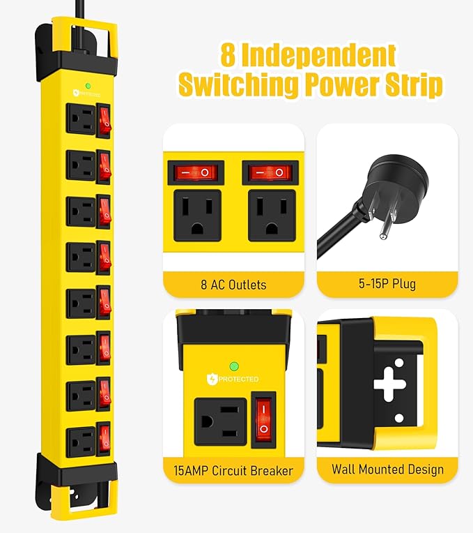 Heavy Duty Power Strip with Individual Switches,8 Outlets 14 Gauge Industrial Shop Garage Metal Multiple Outlets,1200J Surge Protector Mountable Power Strip,10FT Extension Cord Management(Yellow)-DeskLoop Office