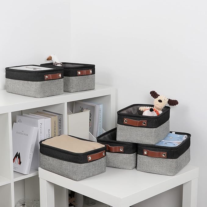 DULLEMELO Small Storage Baskets for Shelves, Small Fabric Collapsible Rectangular Storage Bins for Shelves, Closets, Nursery, Home, Office, Empty Gift Baskets (6-Pack, Black&Gray)-DeskLoop Office