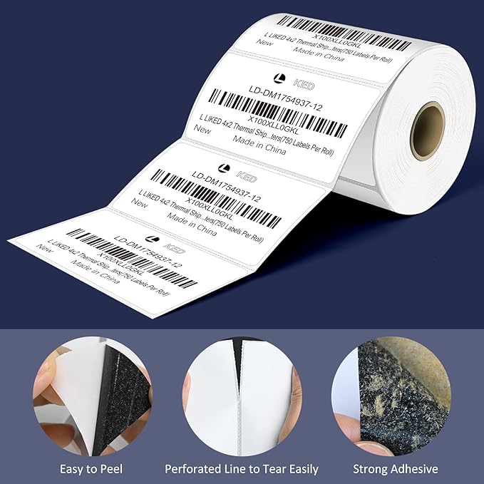 L LIKED 4" x 2" Direct Thermal Labels, Permanent Adhesive Barcode Shipping Labels & Compatible with Rollo, Zebra and Other Desktop Printers (1 Roll, 750 Labels)-DeskLoop Office