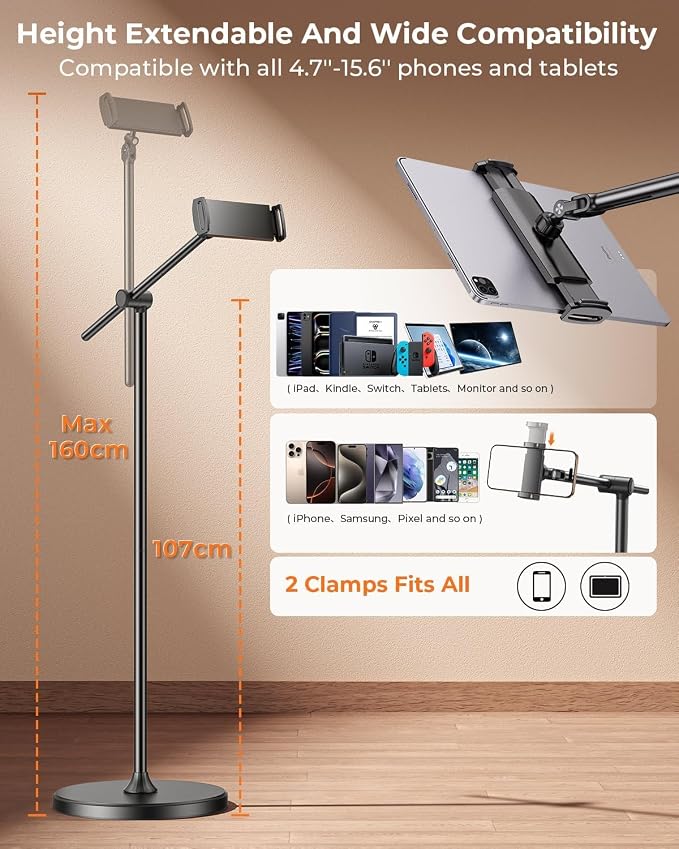 DIMONCOAT [Height-Adjustable & 360° Rotation Tablet Floor Stand Stable Base | - Image 6
