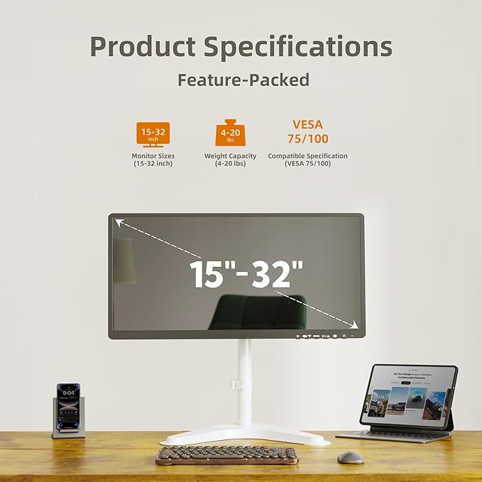 Claiks Monitor Mount, Ergonomic Adjustable Monitor Stand for Max 32 inch Screens, Adjustable Stand up to 20 lbs, VESA Mounting Holes 75&100mm, White-DeskLoop Office