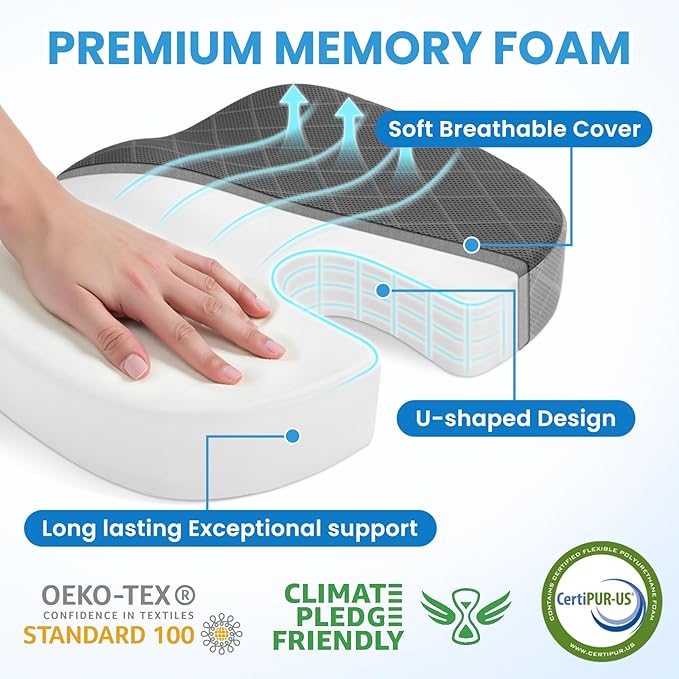 TushGuard Office/Car Seat Cushion, Non-Slip Sciatica & Back Coccyx Tailbone Pain Relief Chair Pad, Memory Foam Butt Pillow for Computer Desk, Wheelchair, Driving (Black&Grey, X-Large)-DeskLoop Office