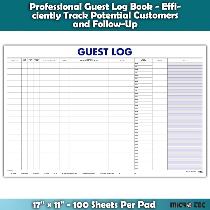 Guest Log Book for Automotive Dealerships – Customer Sign-in Tracking Log – 17" - Image 4