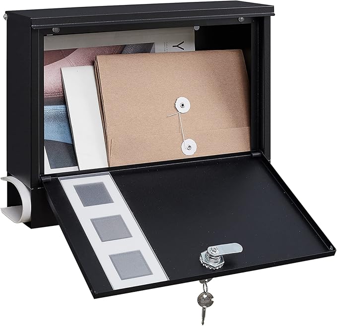 LAND·VOI Locking Mailbox Wall Mounted, Metal Postbox with Three Sets of Mail Box Number Stickers, 4 Keys, 14.4" x 4.5" x 11.2", Large Capacity, Black, AMB11B-DeskLoop Office