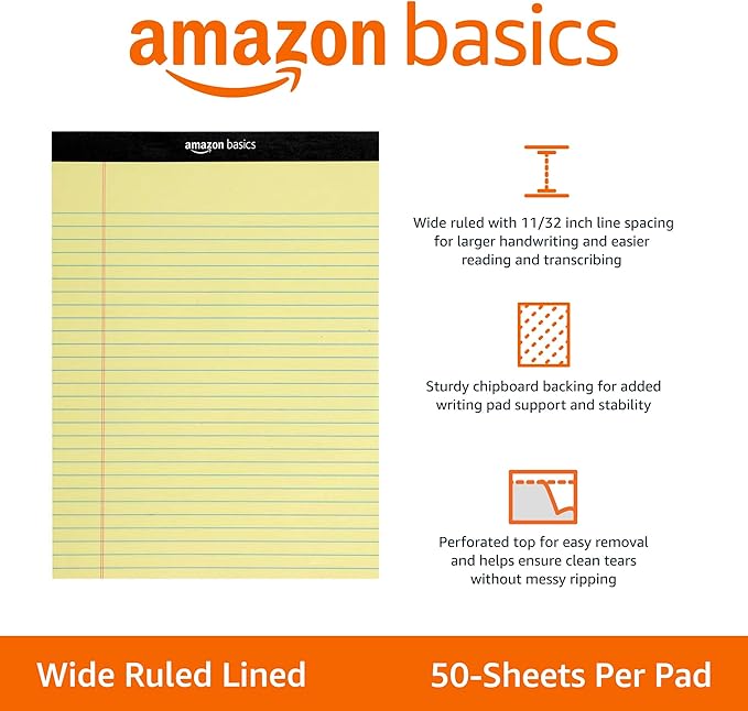 Amazon Basics 50 sheet Wide Ruled Lined Writing Note Pad, 8.5" x 11.75", 12-Pack, 600 Perforated Sheets, Canary-DeskLoop Office
